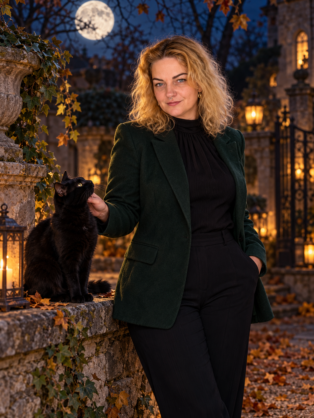 Schwarze Katze unter dem Vollmond